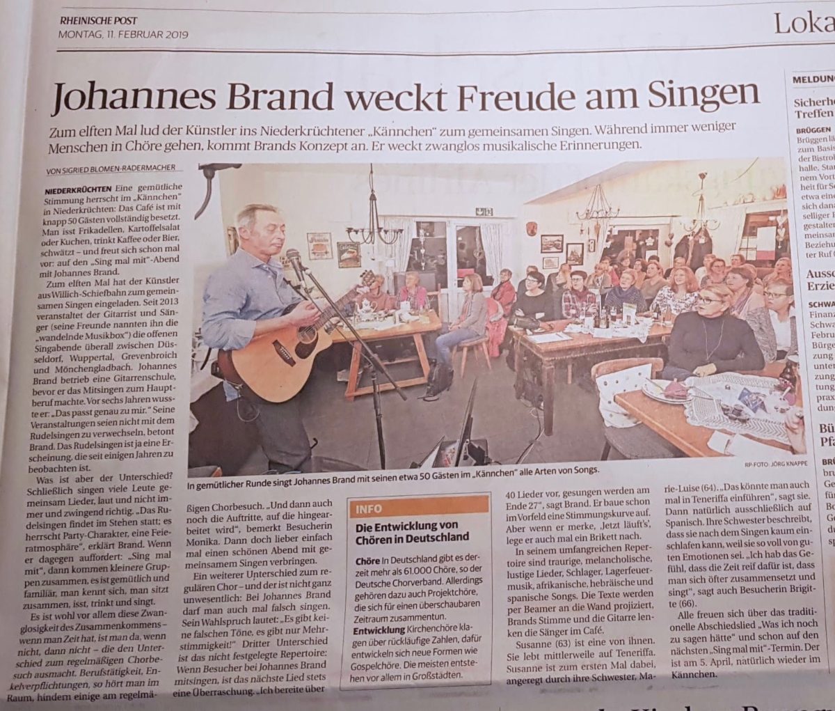 Bild Presseartikel aus der Rheinischen Post über Johannes Brand Sing mal mit Abend